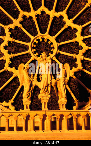 Francia, Parigi, dettaglio di Notre Dame de Paris, facciata della cattedrale (restaurata) Foto Stock