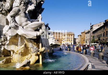 Italia Lazio Roma, Quattro Fiumi della fontana realizzato dal Bernini sulla Piazza Navona Foto Stock