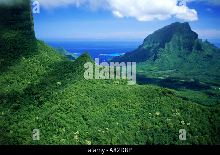 Vista dal Belvedere del monte Mouaroa sopra baia Opunohu su Moorea Polinesia Francese Foto Stock