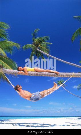 Giovane su Palm tree al di sopra di spiaggia sabbiosa di Fihalhohi Island in South Male Atoll di Maldive Foto Stock