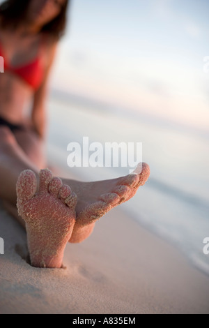Sandy i piedi e le dita dei piedi sul Conch Tree spiaggia vicino a Spiaggia Palencar lato ovest Cozumel Messico Foto Stock
