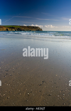 Il cielo blu riflessa nella sabbia bagnata sulla carne Beach Cornwall Regno Unito con testa nsono in background Foto Stock