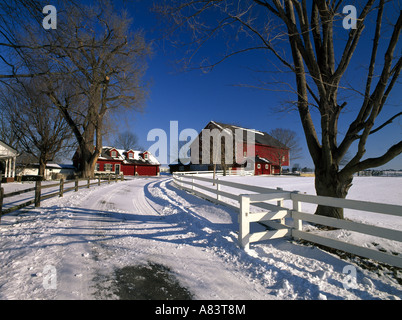 Strada innevata con scherma bianco che conduce al maso OREGON PA Foto Stock