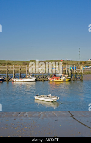 Barche ormeggiate nel porto di segale con la bassa marea, segala, Sussex, Regno Unito Foto Stock