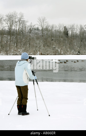 Inverno di osservazione degli uccelli femmina con cannocchiale lungo lago innevato - Verticale Foto Stock
