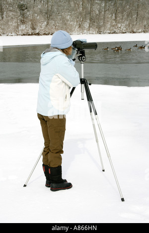 Inverno di osservazione degli uccelli femmina con il cannocchiale al Lago - Verticale Foto Stock