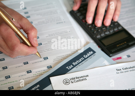 Persona lo smistamento di fine anno fiscale personale ritorna Foto Stock