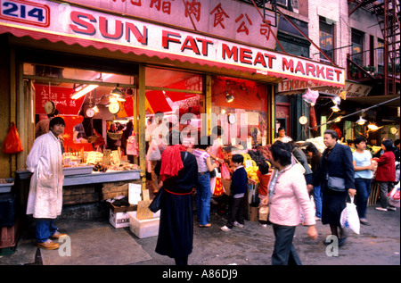 Stati Uniti New York Manhattan Canalstreet Billboard Cina città mercato di carne Foto Stock