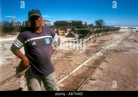 Lavoratore in una salina o essiccati salt lake Foto Stock