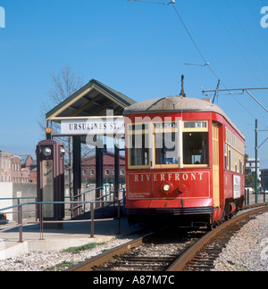 Riverfront Streetcar, quartiere francese, New Orleans, Lousiana, Stati Uniti d'America nel 1989 Foto Stock
