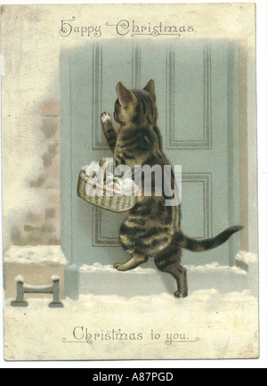 Natale biglietto di auguri del gatto erogare presenta circa 1880 Foto Stock