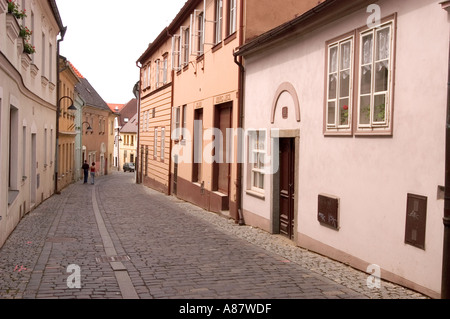 Stretta strada acciottolata fiancheggiata da case tradizionali nella città vecchia di Tabor, Boemia meridionale, Repubblica Ceca. Foto Stock