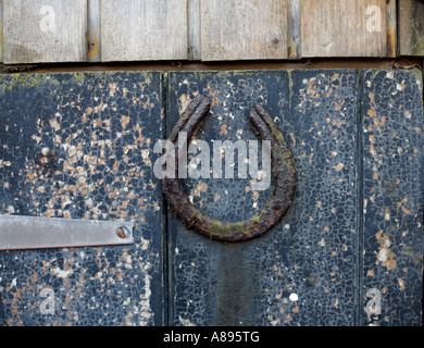 La fortuna di un ferro di cavallo su una ruvida porta in legno Foto Stock