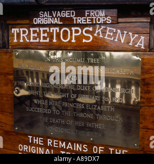 Segno scolpito e una lapide commemorativa di S.A.R. la Principessa Elisabetta di successione al trono il 5 febbraio 1952 a Treetops Kenya Foto Stock