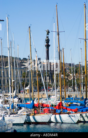 Barcellona colonna di Colombo si affaccia al mare a piedi le Ramblas Foto Stock