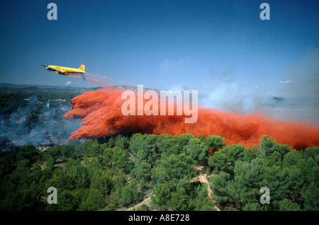 Vista aerea di un Douglas DC-6B acqua antincendio bombardiere caduta aereo rosso ritardante del fuoco su un wildfire, Provenza, Francia, Europa Foto Stock