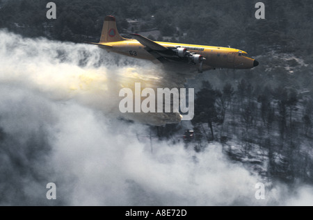 Vista aerea di un Douglas DC-6B idrica antincendio aereo bombardiere caduta ritardante del fuoco su un wildfire, incendio fumo, Provenza, Francia, Europa Foto Stock