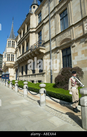 Guardie armate marciando nella parte anteriore del Grand Ducal Palace, città di Lussemburgo Foto Stock