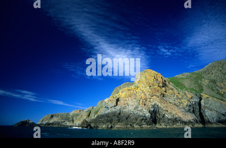 Costa rocciosa di Ramsay Ramsey Island RSPB Riserva naturale è meglio visibile su un viaggio in barca da St Davids in Pembrokeshire Wales Foto Stock