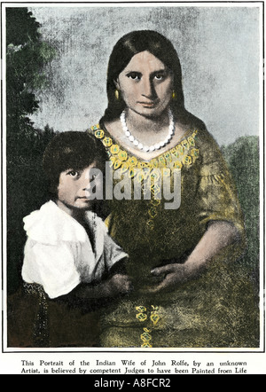 Pocahontas il Powhatan Indian princess e moglie di Virginia colono John Rolfe con il loro figlio. Colorate a mano di mezzitoni una illustrazione Foto Stock