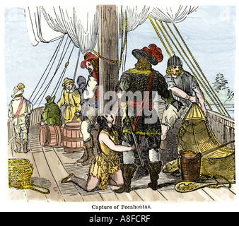 Catturato Powhatan principessa indiana Pocahontas detenute a bordo di una nave di Jamestown. Colorate a mano la xilografia Foto Stock