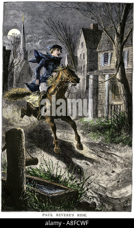 Paul Revere rides per avvertire i Minutemen del British avanzare verso Lexington 19 aprile 1775. Colorate a mano la xilografia Foto Stock