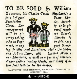 La vendita degli schiavi Barbados rum e marineria merci pubblicità dal Charleston Gazette South Carolina 1744. Colorate a mano la xilografia Foto Stock