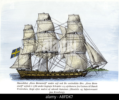 Scandinavian nave di schiavi Grev Bernstorff sotto la vela per le Indie Occidentali dall Africa 1786. Colorate a mano la xilografia Foto Stock