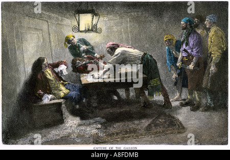 I pirati la cattura di un galeone in alto mare. Colorate a mano di mezzitoni un Howard Pyle illustrazione Foto Stock