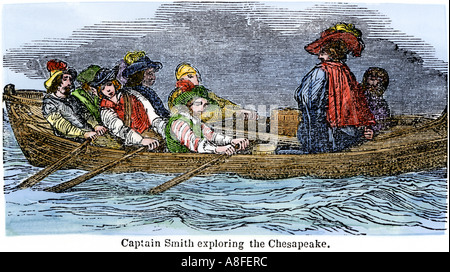 Il capitano John Smith ad esplorare la baia di Chesapeake regione nei primi 1600s. Colorate a mano la xilografia Foto Stock