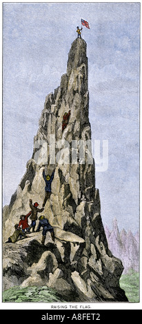 John C Fremont expedition sollevando la bandiera americana oltre le montagne rocciose 1842. Colorate a mano la xilografia Foto Stock