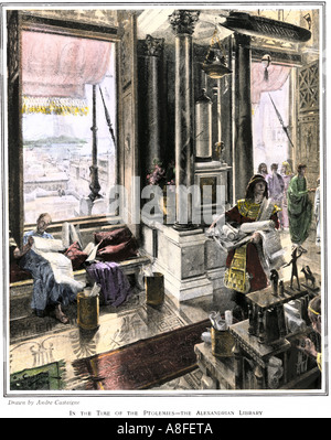 Gli studiosi utilizzando la grande biblioteca di Alessandria d'Egitto circa 200 BC. Colorate a mano di mezzitoni una illustrazione Foto Stock