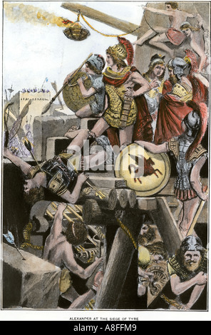 Alessandro il Grande comandando l'esercito greco all'assedio di pneumatico 332 BC. Colorate a mano di mezzitoni una illustrazione Foto Stock