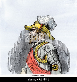 Juan Ponce de Leon scopritore della Florida e il governatore spagnolo di Puerto Rico. Colorate a mano la xilografia Foto Stock