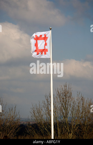 La bandiera della tradizione inglese in volo la brezza a Goodrich Castle vicino a Ross on Wye Herefordshire England Regno Unito Foto Stock