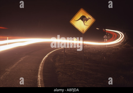 Cartello stradale avvertenza raffigurante un canguro illuminata di notte in auto di testa e le luci di coda Foto Stock