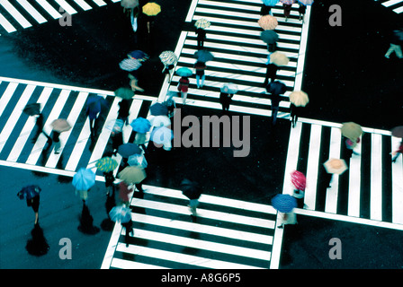 Persone con ombrelloni su attraversamento pedonale in intersezione, Ginza, Tokyo, Giappone Foto Stock