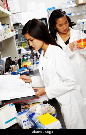 Due femmina farmacisti lavora in un laboratorio Foto Stock