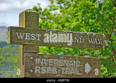 Segno per la West Highland Way Inversnaid Foto Stock