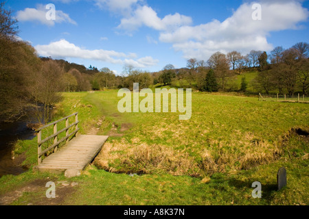 Piedi ponte sopra un flusso lungo il fiume Goyt nel Goyt Valley a Taxal vicino Whaley Bridge nel Derbyshire Foto Stock