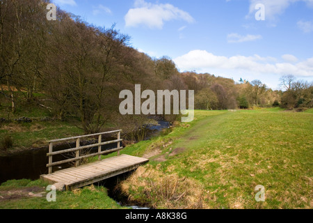 Piedi ponte sopra un flusso lungo il fiume Goyt nel Goyt Valley a Taxal vicino Whaley Bridge nel Derbyshire Foto Stock