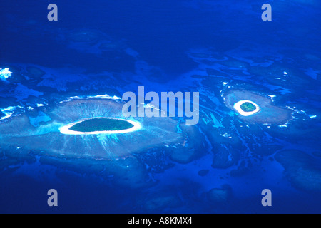 Una vista aerea di diverse isole disabitate circondate da barriere coralline in un oceano blu profondo nel regno di Tonga. Foto Stock