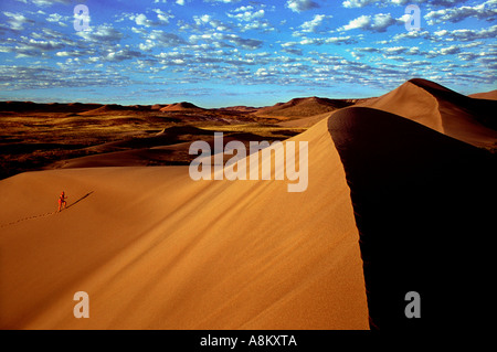 Stati Uniti Idaho Bruneau Sand Dunes State Park singola più alta duna di sabbia in Nord America escursionista salendo le dune Foto Stock