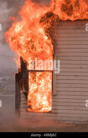 Le fiamme con la ripresa di una casa sul fuoco Foto Stock