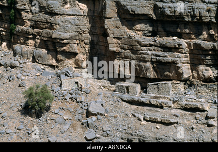 La casa di una capra herder costruito sul fianco di una scogliera sul Jebel Harim mountain(2087m), penisola di Musandam, Oman. Foto Stock