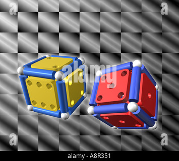 Due dadi immaginario contro una surreale metallico background cercando Foto Stock