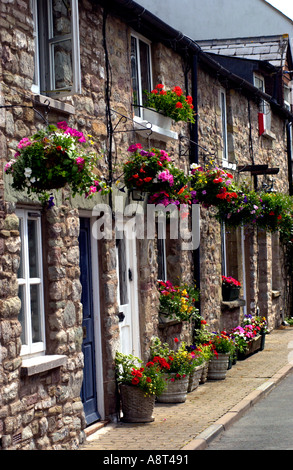 Fila di piuttosto del XIX secolo in stile vittoriano casette a schiera con vasi di fiori e nei cestini appesi a Hay on Wye Powys Wales UK GB Foto Stock