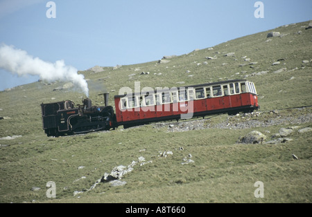 Vicino a Llanberis Snowdon, sulla ferrovia di montagna, il treno a vapore gallese spinge la carrozza passeggeri sulla strada per la vetta nel Galles del Nord nel Regno Unito Foto Stock