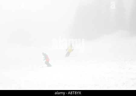 2 in discesa gli sciatori in montagna Whiteout Foto Stock