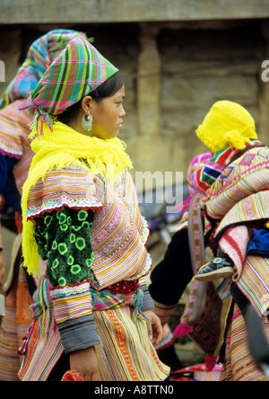 Ritratto di tradizionalmente condita giovane fiore donna Hmong presso il mercato della domenica, Bac Ha, NW Viet Nam Foto Stock